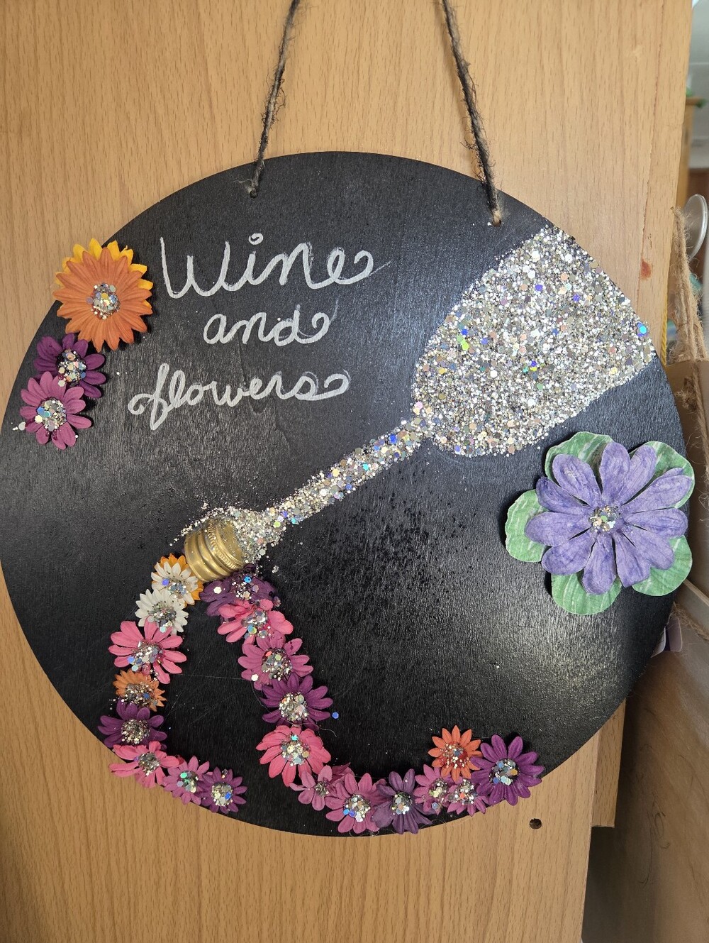 HandCrafted Wine and Flowers Glitter Floral Wall Plaque 13x13 - Picture 2 of 2